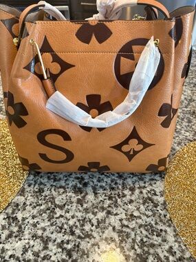 Monogram Print Tan Tote Bag with Dark Brown Accents